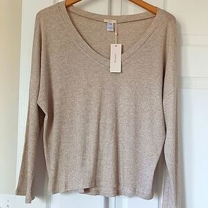 NWT Eberjey Elon V Neck Pullover Shirt Sweater Oatmeal Brown Tan sz Medium
